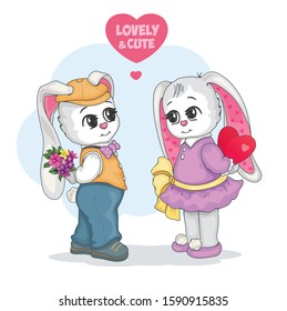 Loving couple. A lovely and cute Teddy Bunny. Valentine's day postcard. Children's cartoon illustration with white rabbits. Vintage picture. Boy gives flowers to girl. Romantic story. Isolated image.