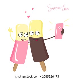 A loving couple makes selfie. Design of ice cream characters. Vector illustration about love. Print design. Summer love