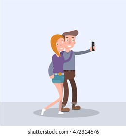 A loving couple makes selfie. EPS 10. vector