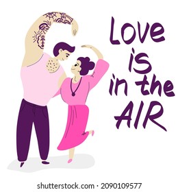 A loving couple makes a sign of love with their hands on a purple background of the heart. Vector illustration. Valentine's day postcard.Tattoed man and stylish woman