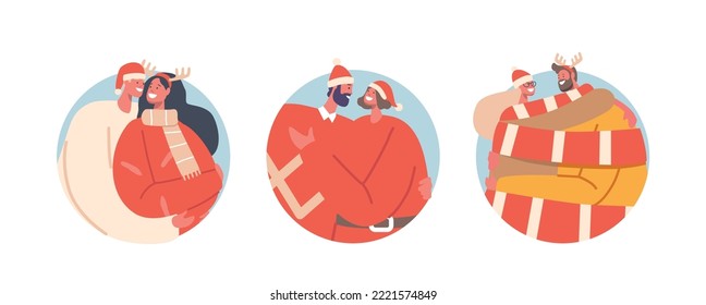 Loving Couple Male And Female Characters Hug Isolated Round Icons Or Avatars. Man And Woman Wear Xmas Cosumes And Santa Hats Cuddle And Smile, Wrapped In Scarf. Cartoon People Vector Illustration