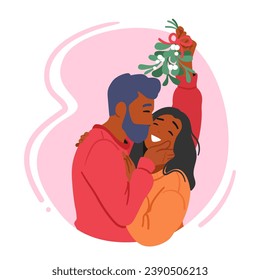 Loving Couple Male and Female Characters Shares A Tender Kiss Under The Festive Mistletoe Amidst Twinkling Lights, Their Love Kindling Warmth In The Winter Night. Cartoon People Vector Illustration