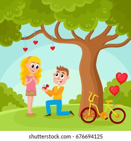 Loving couple, man proposing to pretty girl, standing on one knee, offering wedding ring in park, under big tree, cartoon, comic vector illustration. Loving couple, making proposal in the park