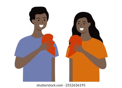 Amável casal homem e mulher mão segurando meio pedaço de coração. Namoro romântico, relacionamento, namorados, casamento, amor, conceitos de felicidade. Ilustração isolada de design de caracteres de pessoas de vetor plano.