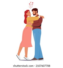 Loving Couple Man and Woman Hugging, Embracing with Hearts around. Happy Lover Relations, Dating, Happy Lifestyle. Romantic Connection Feelings, Emotions, Romance or Love. Cartoon Vector Illustration