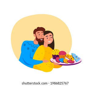 Loving Couple Man and Woman Prepare Xmas bakery for Christmas Eve Hugging each other Smiling having Fun. Happy New Year Traditional Celebration Family Cosy Atmosphere Greeting Flat vector illustration