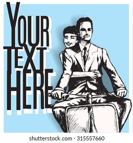 loving couple, man and woman riding scooter. vintage retro style. copy space. card template.