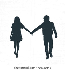 Loving couple man and woman are walking. Silhouette, sketch