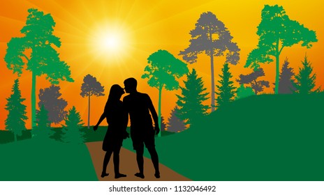 Loving couple (man and woman)  walks in the park (forest) and kisses. Silhouette, vector.