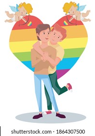 loving couple mzhchin gay hugs on the background of the heart lgbt flag, cupids shoot arrows, flat vector illustration sticker