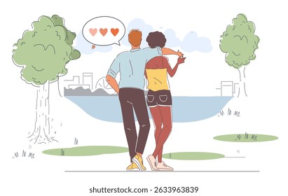 Loving couple in nature. Man hugging woman. Happy pair on romantic date in park. Summer or spring season. Lovers walking outdoor. Love and romance. Linear vector illustration