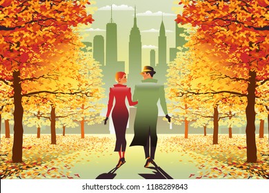 Loving couple in new York Central Park in the fall. Handmade drawing vector illustration.  All objects are grouped and divided into layers. svg
