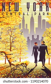 Loving couple in New York Central Park in the fall. Handmade drawing vector illustration. All objects are grouped and divided into layers. svg