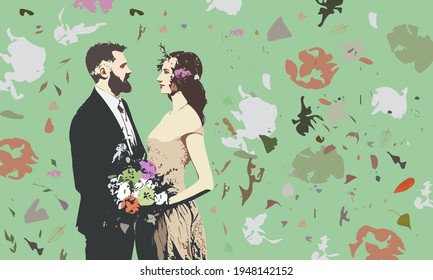 A loving couple of newlyweds stands facing each other on a green background with abstract spots. Bearded groom, bride with a bouquet and flowers in their hair. Vector illustration, EPS 10. Profiles.