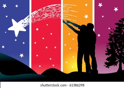 Loving couple at night watching a falling star