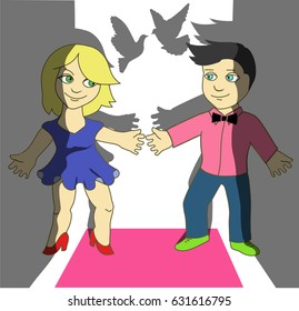 Loving couple on a background pigeons. Vector illustration.