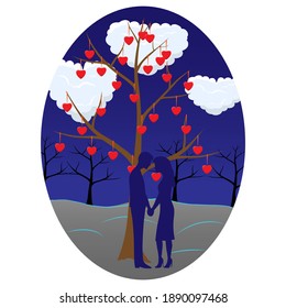 Loving couple on the background of the winter forest. A tree decorated with hearts. Winter illustration for Valentine's Day.