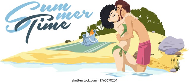 Una pareja encantadora en la playa. Gente divertida. Ilustración bursátil. 