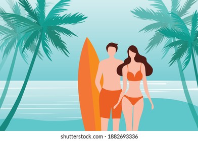 Loving couple on the beach vector illustration. Love, romance, honeymoon, vacation, holidays concept  