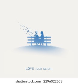 Loving couple on bench. Afterlife. Flying birds. Isolated silhouette