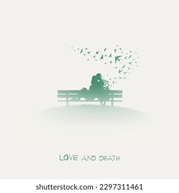 Loving couple on bench. Afterlife. Flying birds. Isolated silhouette