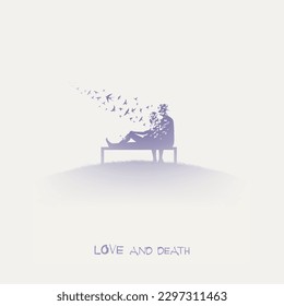 Loving couple on bench. Afterlife. Flying birds. Isolated silhouette