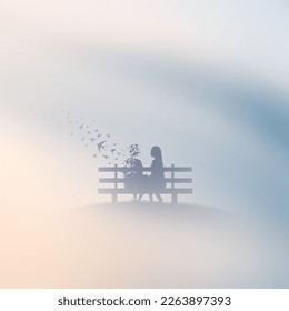 Loving couple on bench. Death, afterlife. Flying birds in foggy clouds