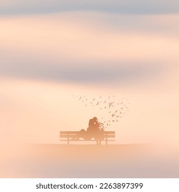 Loving couple on bench. Death, afterlife. Flying birds in misty clouds