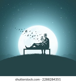 Loving couple on bench. Death and afterlife. Flying birds, full moon