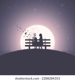 Loving couple on bench. Death and afterlife. Flying birds, full moon