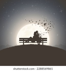 Loving couple on bench. Death and afterlife. Flying birds, full moon