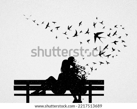Loving couple on bench. Death and afterlife. Flock of flying birds