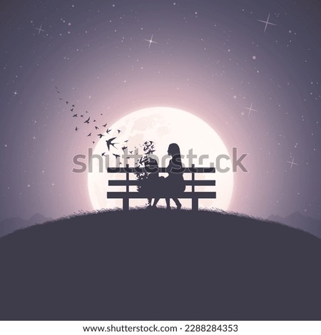 Loving couple on bench. Death and afterlife. Flying birds, full moon