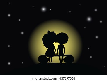 loving couple on a bench in the moonlight,vector illustration