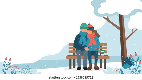 Loving couple on the bench in winter. Cute vector illustration in flat style.