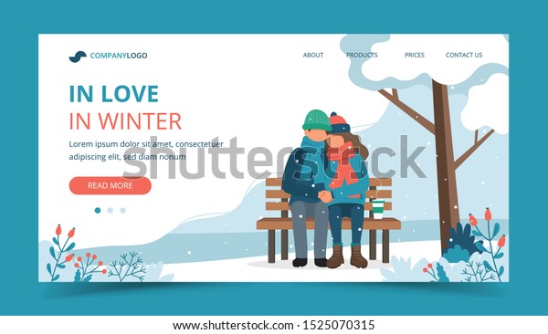 冬のベンチで恋人同士 ランディングページテンプレート フラットなスタイルのかわいいベクターイラスト のベクター画像素材 ロイヤリティフリー