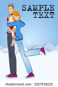 Loving couple on a blue background with clouds.. Beautiful guy and the girl in fashionable clothes. Vector illustration for a card or poster. Fashion & Style.