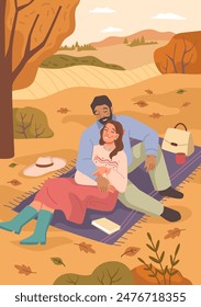 Loving couple on date having picnic on blanket. Young man and woman sit on plaid with cup of coffee and book in park at autumn season. Young family have fun, fallen leaves