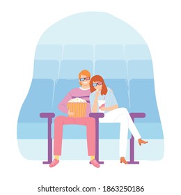 Una pareja amorosa en una cita. Un hombre y una mujer están sentados en sillones en el cine. Concepto de San Valentín. Ilustración vectorial para carteles, afiches, postal. Caracteres de estilo de dibujos animados.