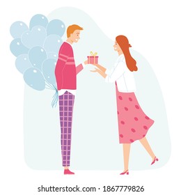 Una pareja amorosa en una cita. Un joven le da un regalo a una mujer. Concepto de San Valentín. Ilustración vectorial para carteles, afiches, postal. Caracteres de estilo de dibujos animados.
