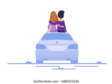 Loving Couple On First Date. Man And Woman Visiting Open Air Car Cinema. Girlfriend And Boyfriend Sitting On Car Roof And Watching Movie. Flat Cartoon Parking Lot. Vector Isolated Illustration