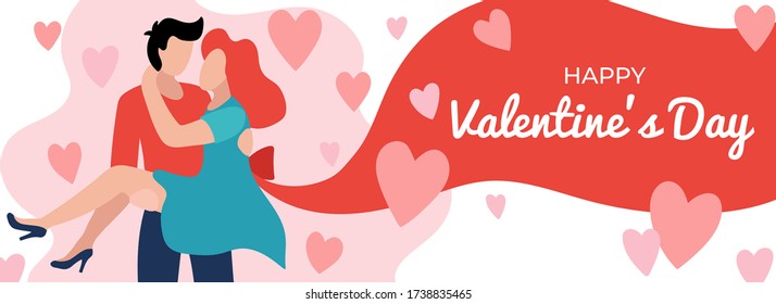 Loving couple on happy valentines day banner vector illustration. Handwritten festive lettering on red flat style design. Man and woman hugging. Feast of Saint Valentine concept