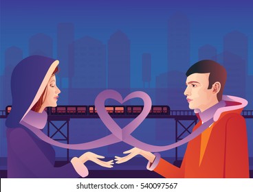 Loving couple on the night city background
