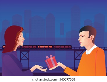 Loving couple on the night city background
