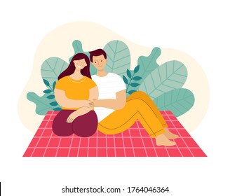 Loving couple on picnic in park.man and woman sitting on plaid and smiling.Concept of relaxing on a weekend in spring or summer. A family couple,husband and wife.Flat color vector illustration.