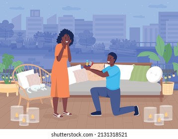 Loving couple on roof flat color vector illustration. Scandinavian style. Man proposing his girlfriend. Cozy and comfortable roof patio. 2D simple cartoon characters with rooftop patio on background