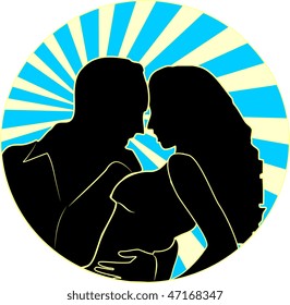 loving couple on a round background with rays