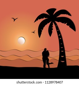 Loving couple on the seashore, paper art style