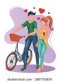 Una pareja amorosa caminando con una bicicleta.