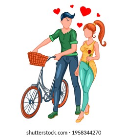 Una pareja amorosa caminando con una bicicleta. Niña con una rosa en sus manos. Estilo de caricatura.